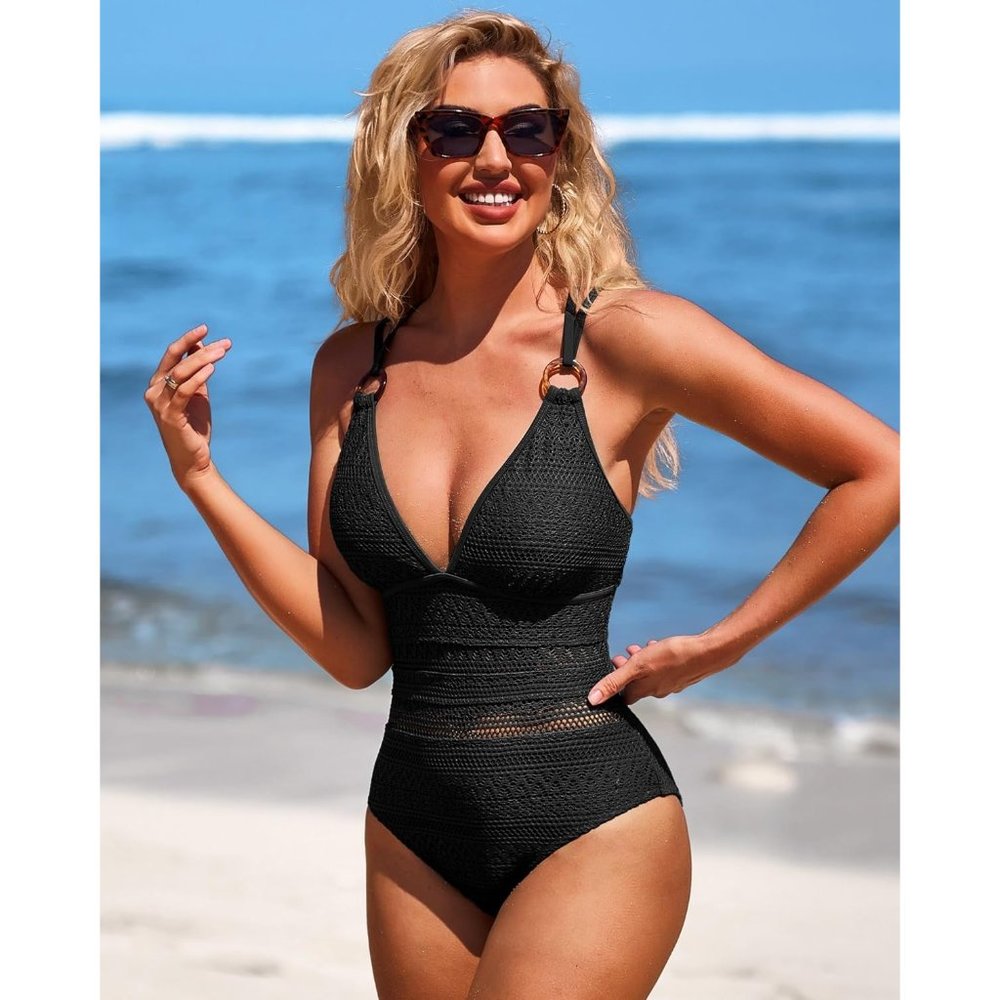 Women Black Crochet One Piece Plunge V Neck Strappy Hollow Out Monokini Swimwear